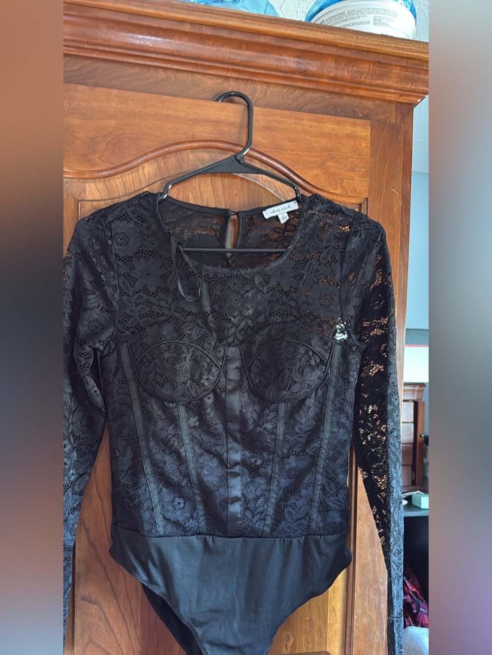 white birch Black Lace Long-Sleeve Corset Bodysuit